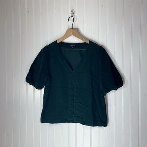 Madewell Green Corduroy Puff Sleeve Blouse M Button-Front Cottagecore Y2K Style